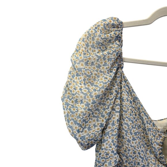 Louna Blue Daisy Chiffon Puff Sleeve Boho Blouse Size Medium - Picture 5 of 6